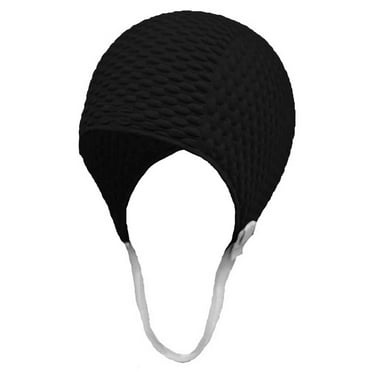 Black Textured Latex Rubber Swim Cap With Strap
