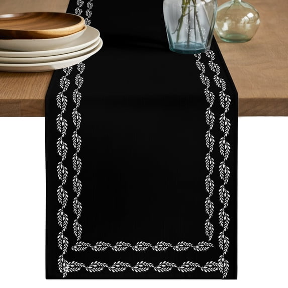 Black Textured Table Runner 72 Inches Long, Farmhouse Country Woven Striped Cotton Linen Table Runners Dresser Scarves, Decorative Fabric Tabletop Scarf Furniture Cover for Home Dinner Party 13"x72"