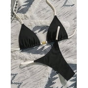 Black Textured Triangle Bikini Set With Gold-Tone Shell Embellishment And Adjustable Straps