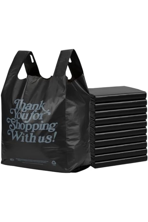 Black 'Thank You' HDPE T-Shirt Bags with Handles - 400 Bags  1/5 BBL Size 13"x10"x23"  21 Microns  Thank You Shopping Bags for Retail, Takeout, Restaurant Supplies$$Cases & Bags