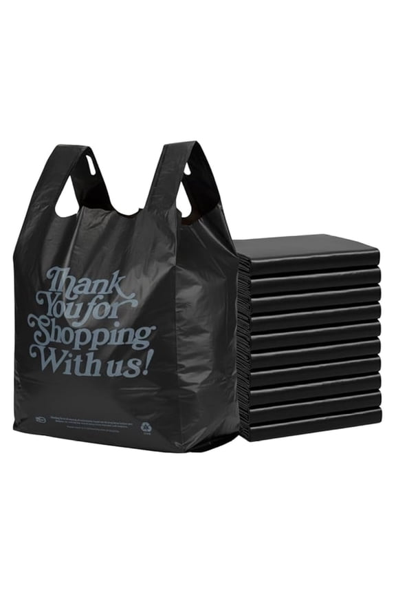 Black 'Thank You' HDPE T-Shirt Bags with Handles - 400 Bags 1/5 BBL Size 13"x10"x23" 21 Microns Thank You Shopping Bags for , Takeout, Restaurant Supplies