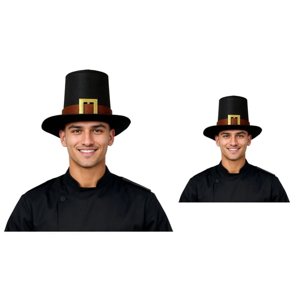 Black Thanksgiving Pilgrim Hat for Men & Teens – Adjustable Novelty Top Hat with Gold Buckle for Parties, Stage Performances, and Turkey Day Events