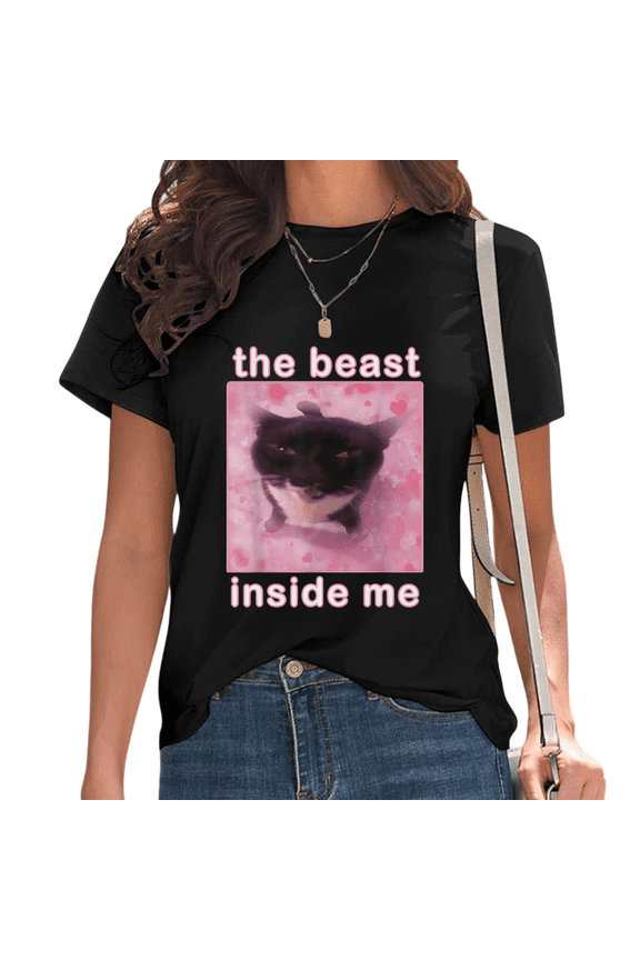 Black The Beast Inside Me Cat Meme Print Tshirt Graphic Tees Shirts Funny Y2K Aesthetic Cat Lover Tops S-5XL