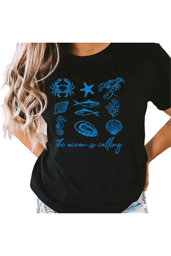 Black The Ocean Is Calling Sea Creatures Beach Print T-Shirt Graphic Tees Shirts Summer Streetwear S-5XL Mystical Tops
