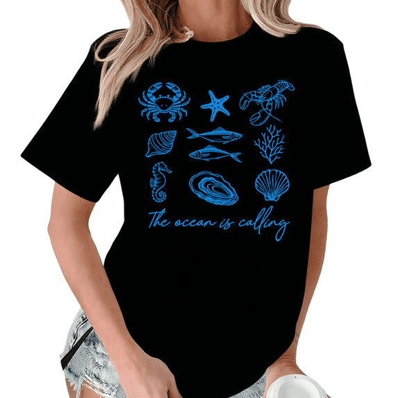 Black The Ocean Is Calling Sea Creatures Beach Print T-Shirt Graphic Tees Shirts Summer Trendy Streetwear S-5XL Tops