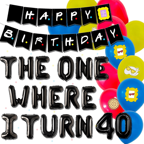 Black Theme 40th Birthday Party Decoration Set - Includes Letter Balloons, Colorful Banner, Background, and Colored Balloon Decorations