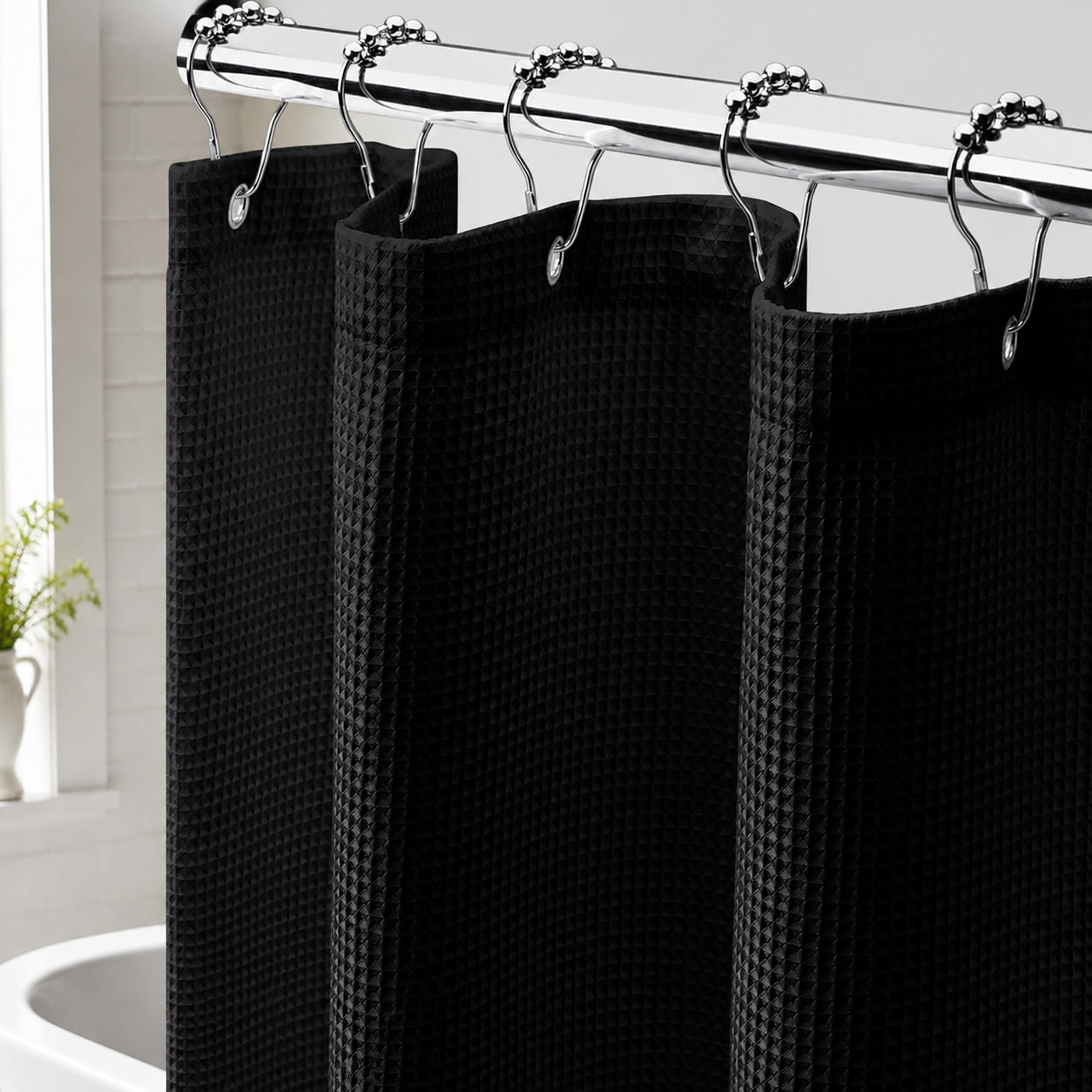 Black Thick 240GSM Waffle Weave Fabric Shower Curtain, Heavy Duty Hotel