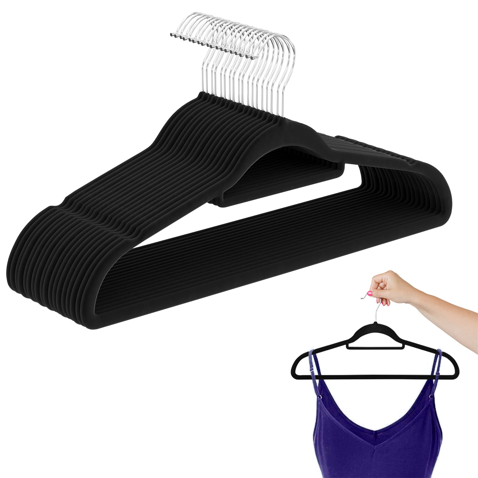 Black Velvet Hangers - Pack of 140 Non Slip with 360 Rotating Chrome Hook, Notched Shoulders