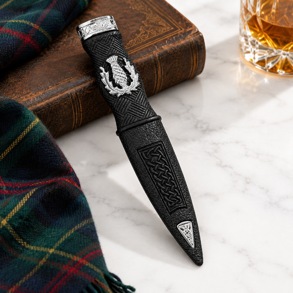 Black Thistle - Chrome Finish Decorative Scottish Sgian Dubh Highland Kilt Costume Accessory