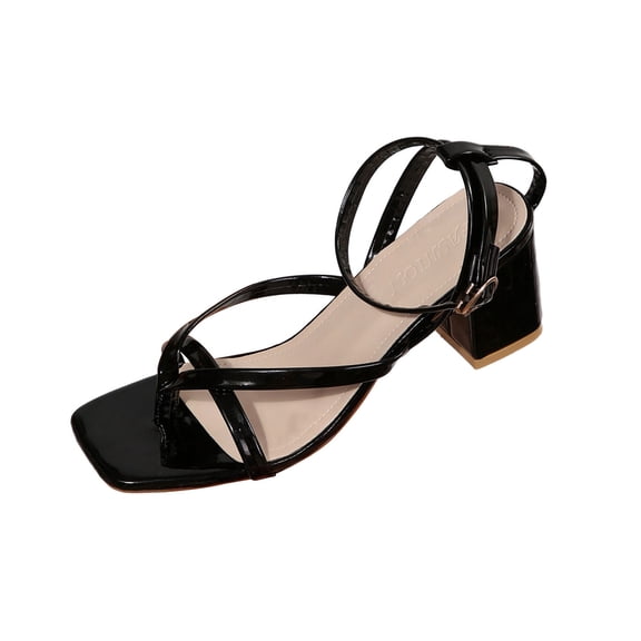 Black Thong High Heel Sandals For Women Fashion Casual Comfortable Plus Size Square Toe Open Toe With Pu Material In Black Size Us 5.5