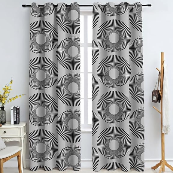 Black Three-Dimensional Circle Window Curtains, Abstract Black And Gray Bohemian Geometry 3D Printed Drapes, Thermal Insulated Curtains For Bedroom Living Room Windows 42"W x 63"L (Pack of 2)