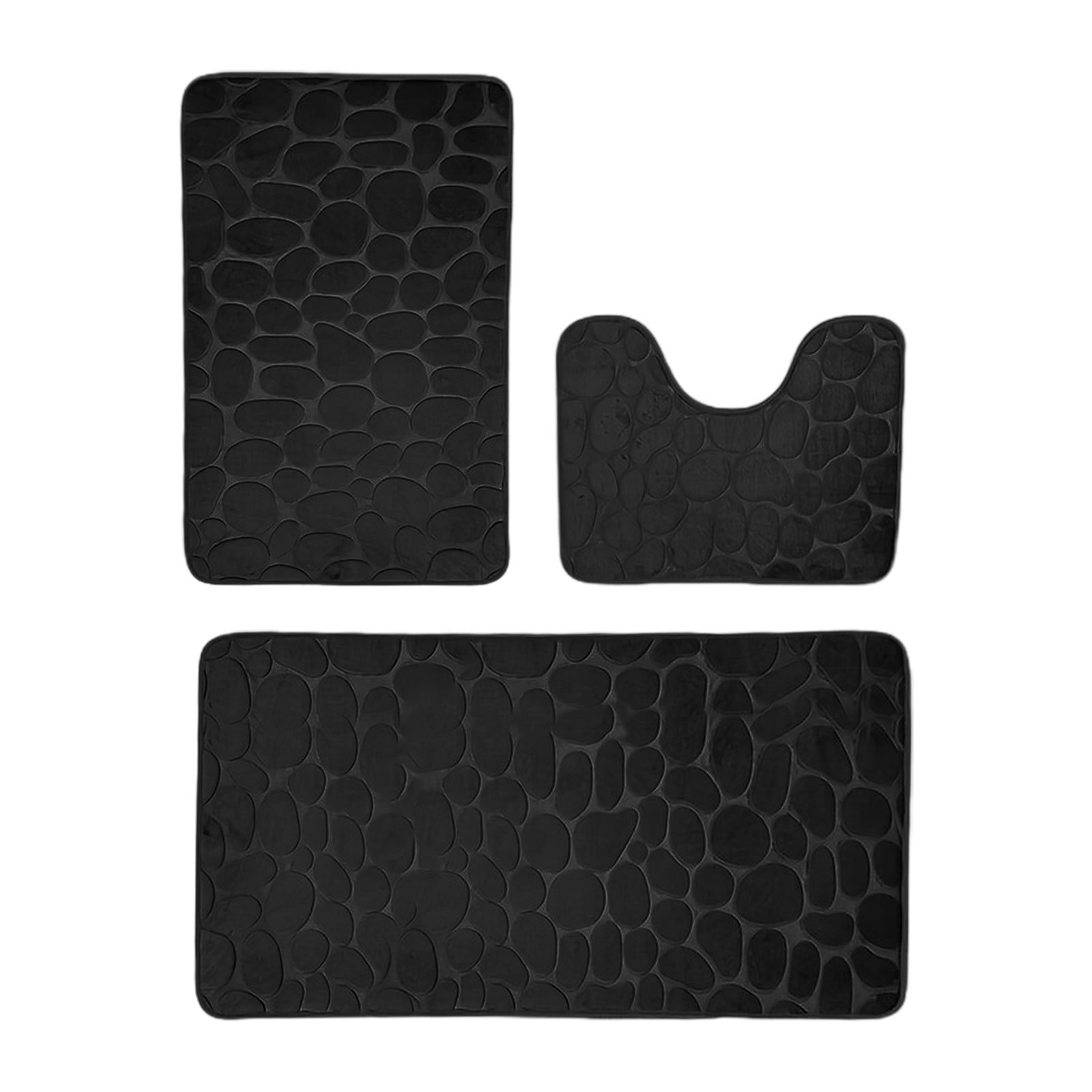 Black Three-Piece Large Bath Mat Set With Pebble Texture And Non-Slip ...