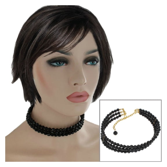 Black Three Row Faceted Beaded Choker Necklace 14" Plus 3" Extender Chain Ladies Adult Female Women