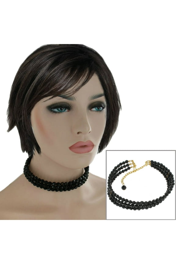 Black Three Row Faceted Beaded Choker Necklace 14" Plus 3" Extender Chain Ladies Adult Female Women