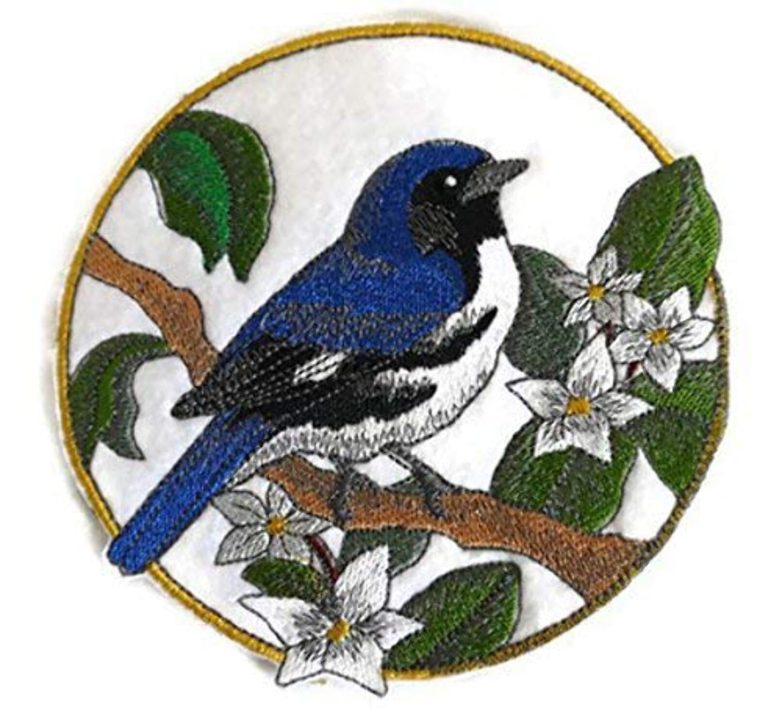 Black Throated Blue Warbler And Mayflowers Embroidered Iron on patch [5" X 5"]