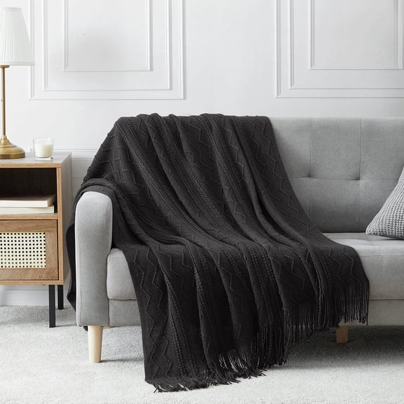 Black Throw Blanket 50x60 Inches Textured Solid Soft Sofa Couch Decorative Knit