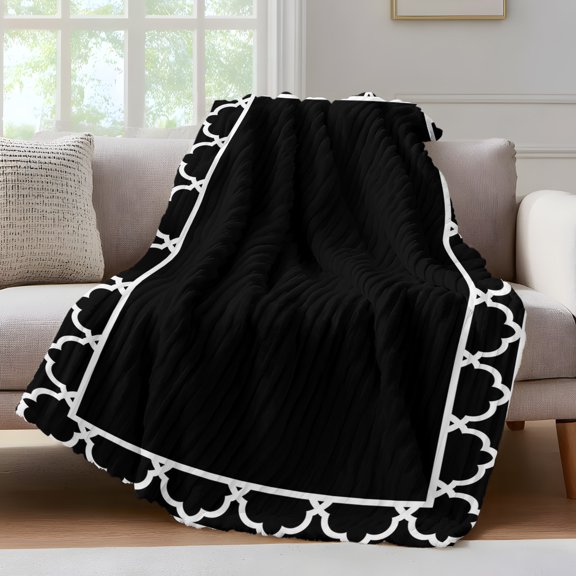 Black Throw Blanket for Couch Geometric Morocco Printed Border Modern Rustic Noir Dark Soft and Warm Flannel 3D Striped Fluffy Fuzzy Fleece Blanket Lightweight Throw for Bed, Sofa 30 x 40 Inches