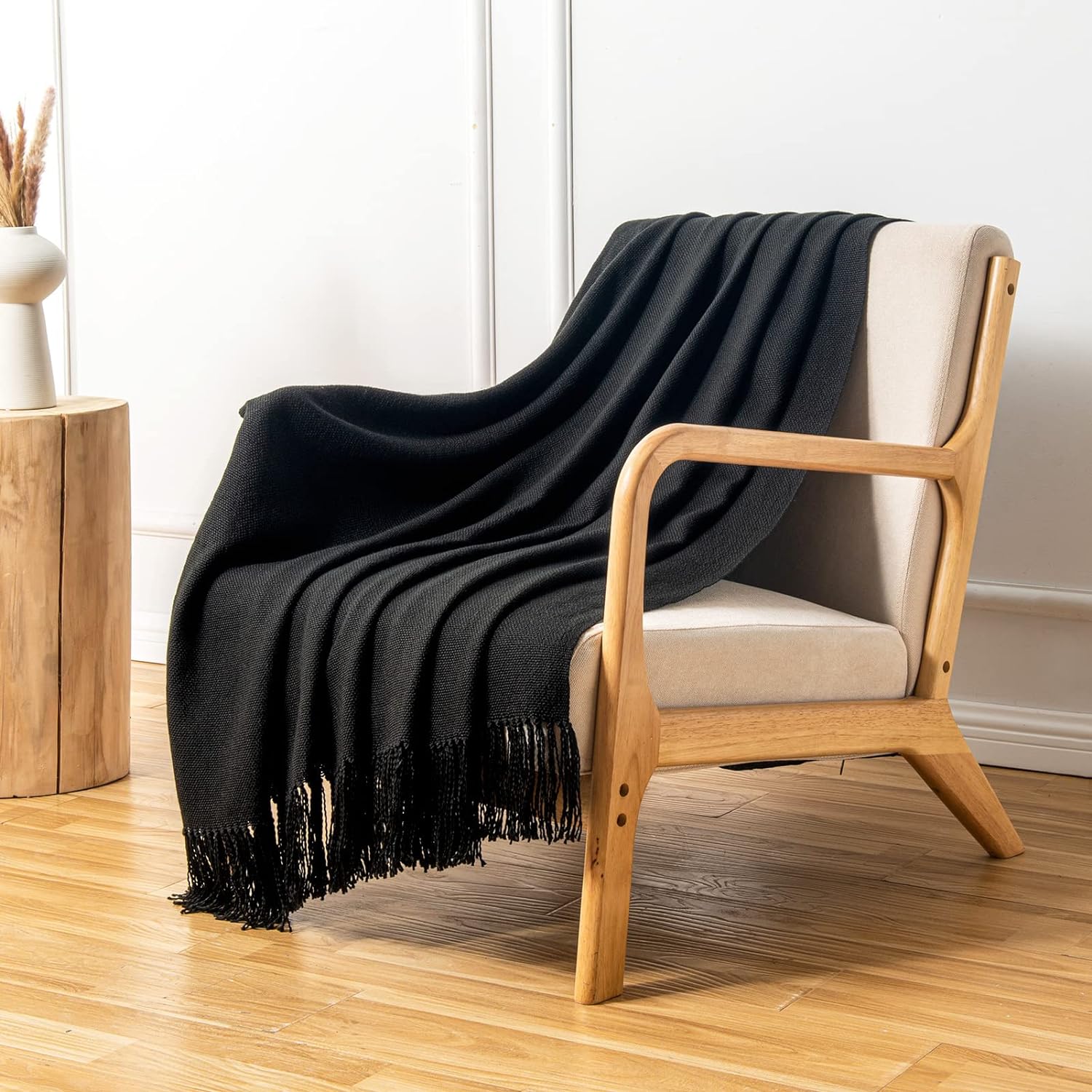 Black Throw Blanket For Couch, Boho Throw Blanket With Fringe Tassel
