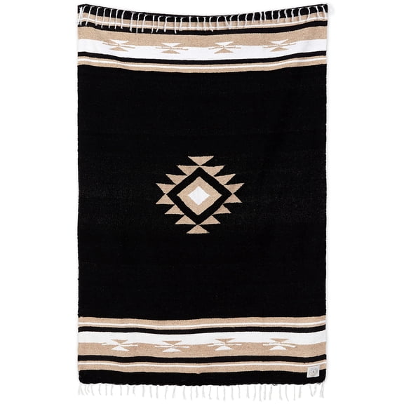 Black Throw Blanket Traditional Handmade Serape Baja for Yoga Camping Decorative Use
