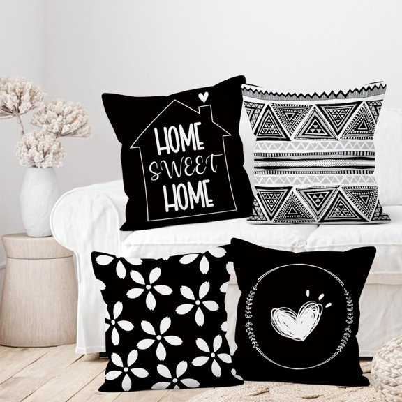 Black Throw Pillow Covers, Modern Home Decorative Pillow case, 4-Pack Double-Side Printed Pillowcases for Sofa and Living Room, 20x20 Inches