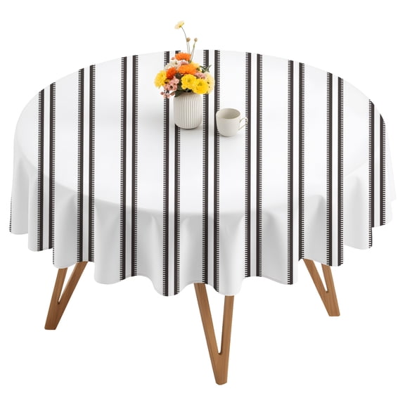 Black Ticking Stripes Round Tablecloth 60 inches Modern Minimalist Vertical Lines White Waterproof Oil-Proof Table Cloth Round Table Cover for Holiday Party Picnic Dinner Decor Indoor and Outdoor Use