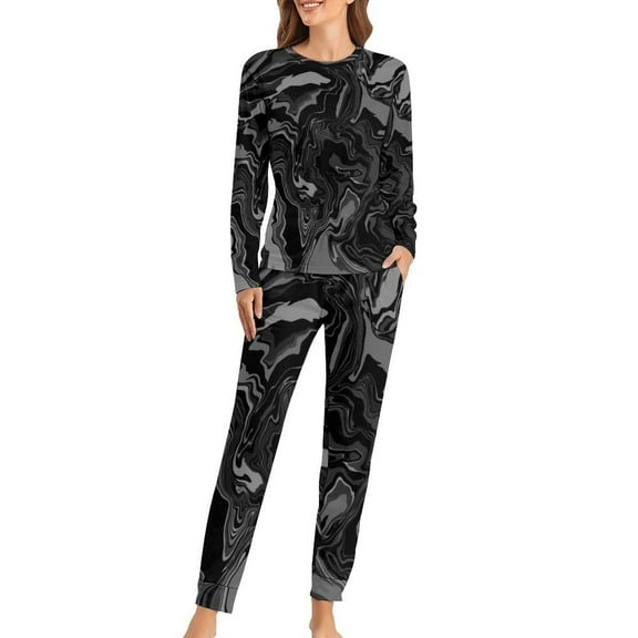 Black Tie Dye Pajamas Liquid Print 2 Pieces Room Pajama Sets Lady Long Sleeve Romantic Oversized Nightwear