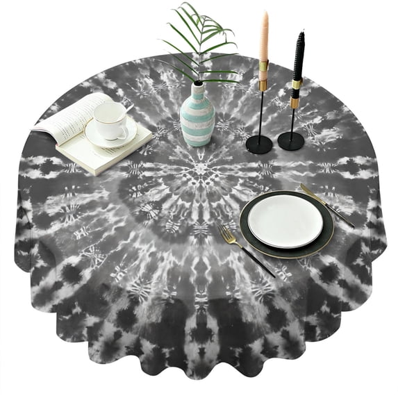 Black Tie Dye Pattern Round Tablecloth 60"x60",Wrinkle Wipeable Table Cloth for Kitchen Dining Room Picnic Patio Party