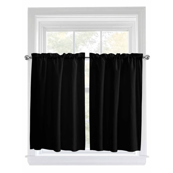 Tier Curtains 45 Inches Long, Pure Black Window Treatment Curtain Drapes, Simple Solid Color Small Curtain Drapes for Bathroom Laundry Room, 27.5"x45", 2 Panels