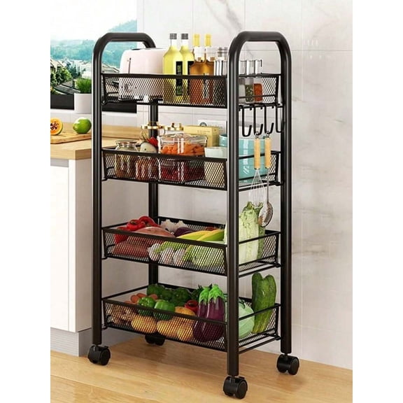 Black Tier Mesh Wire Rolling Cart, 4-Tier Kitchen Storage Organizer Utility Cart with Wheels & Hooks, No Screw Assembly