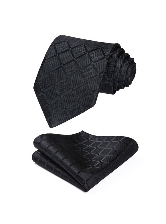 Black Ties for Men Plaid Checkered Tie with Handkerchief Set Classic Business Formal Neckties