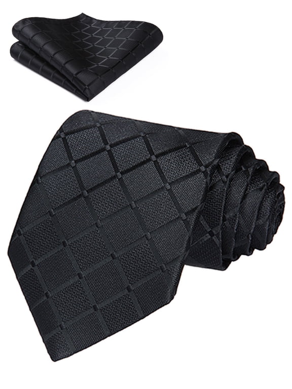 Black Ties for Men Plaid Checkered Tie with Handkerchief Set Classic Business Formal Neckties