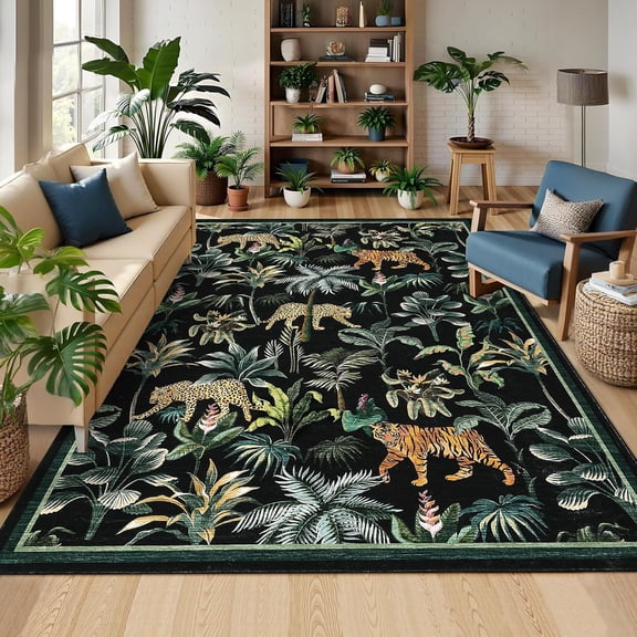Black Tiger Area Rug for Living Room 9x12 Large Washable Non-Slip Low Pile Carpet, Botanical Jungle Animal Print, Stain-Resistant Soft Foldable Floor Covering for Bedroom Office Nursery
