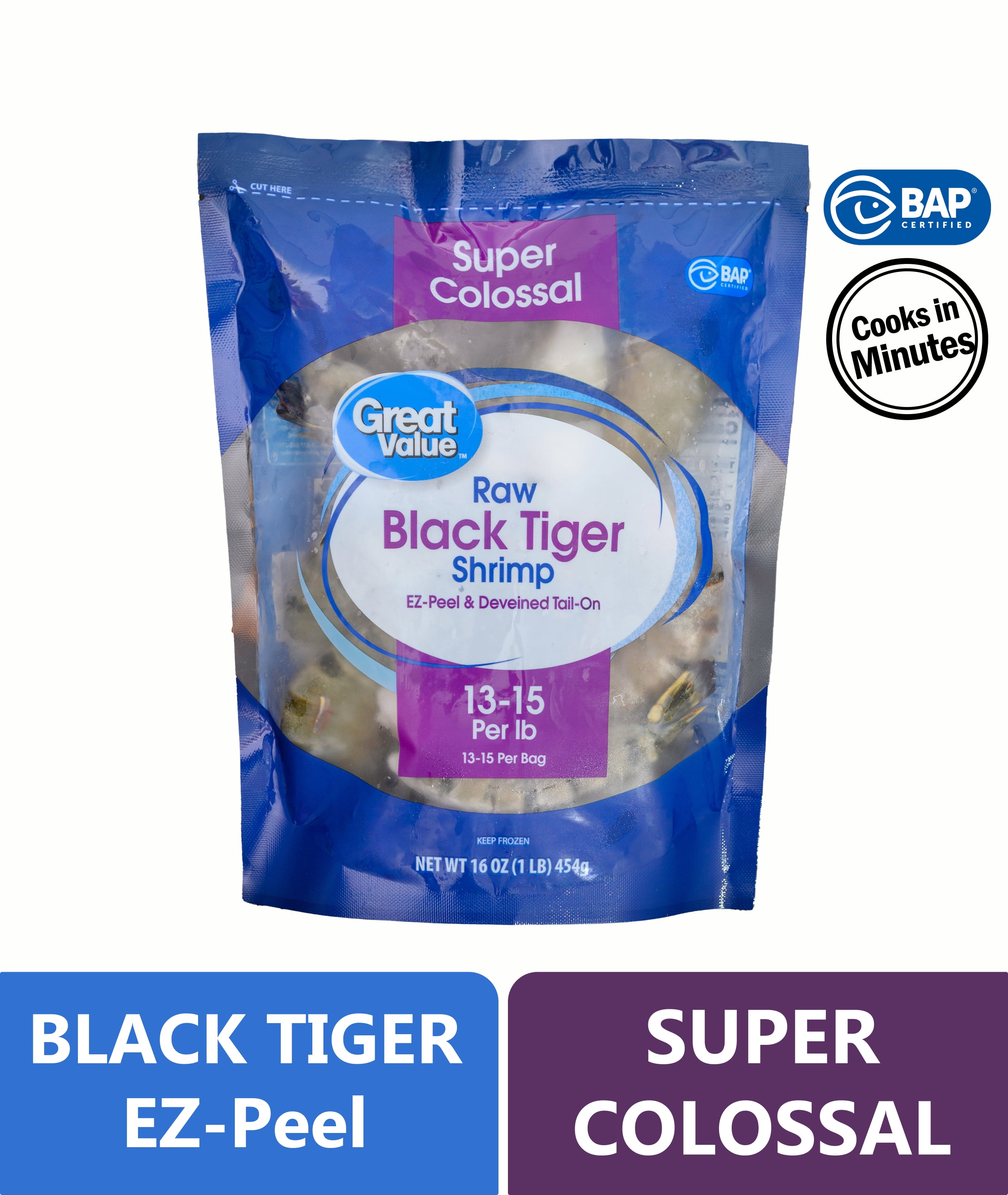 Great Value Frozen Black Tiger Easy Peel Shrimp, 1 lb