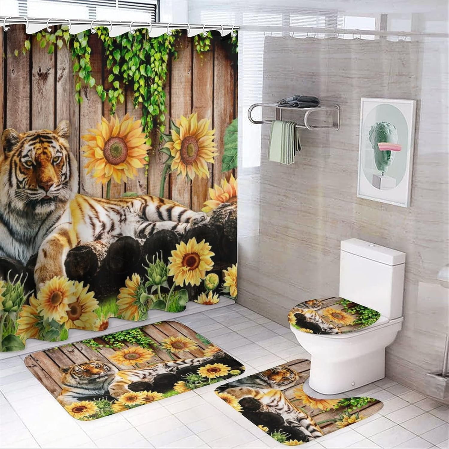Black Tiger Shower Curtain Sets with Rugs 4 Piece Accessories Bathroom ...