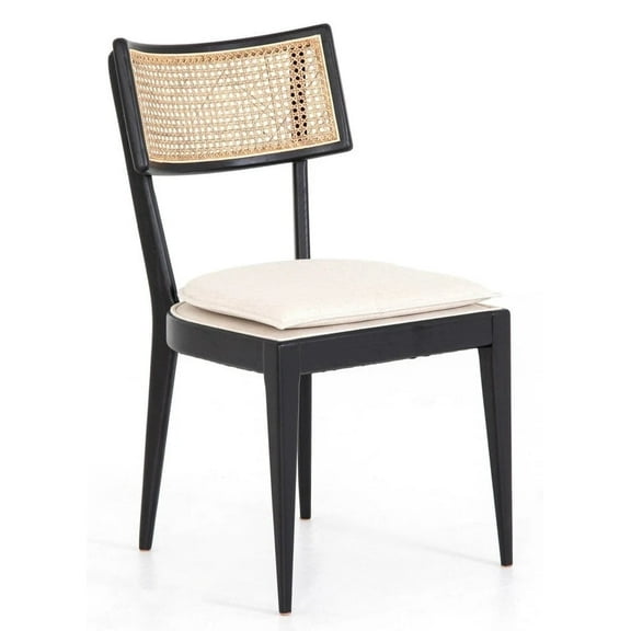 Black Tina Dining Chair with Rattan Back | Cane Weaving, Midcentury Modern Design | Removable Cushion, Solid Wood Frame