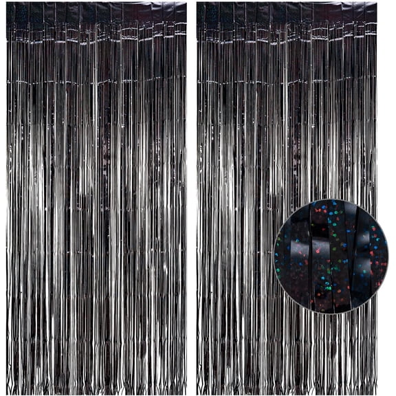Black Tinsel Curtain Party Backdrop - Party Streamers Foil Fringe Curtains for Birthdays Halloween Decorations - 1m x 2.5m - Pack of 2