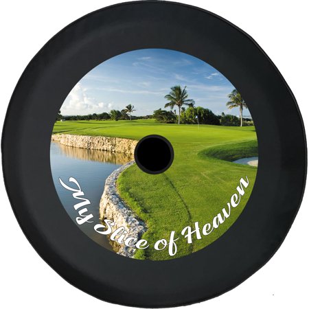 Black Tire Covers - Tire Accessories for Campers, SUVs, Trailers, Trucks, RVs and More | Golf Course My Slice of Heaven Black 33 Inch with Backup Camera Hole