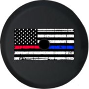 Black Tire Covers - Tire Accessories for Campers, SUVs, Trailers, Trucks, RVs and More | | USA Flag Thin Red Blue Line Support Black 33 Inch with Backup Camera Hole