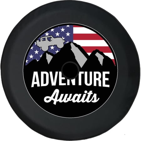 Black Tire Covers - Tire Accessories for Campers, SUVs, Trailers, Trucks, RVs and More | American Flag Adventure Black 33 Inch with Backup Camera Hole