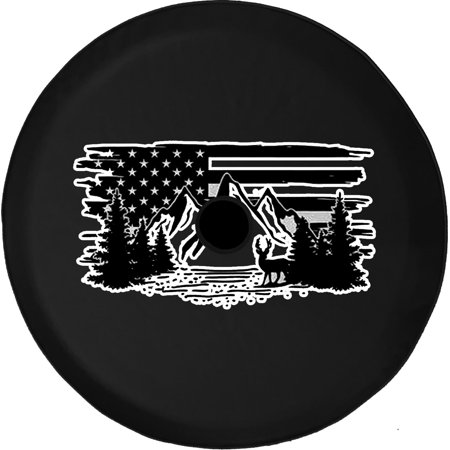 Black Tire Covers - Tire Accessories for Campers, SUVs, Trailers, Trucks, RVs and More | American Flag Mountains and Trees Black 32 Inch With Backup Camera Hole