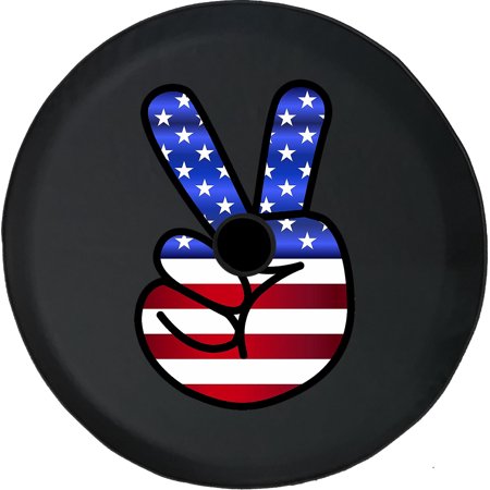 Black Tire Covers - Tire Accessories for Campers, SUVs, Trailers, Trucks, RVs and More | American Flag Peace Sign Black 32 Inch With Backup Camera Hole