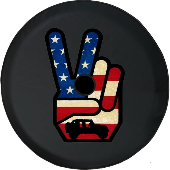 Black Tire Covers - Tire Accessories for Campers, SUVs, Trailers, Trucks, RVs and More | American Flag Peace Sign Black 32 Inch With Backup Camera Hole