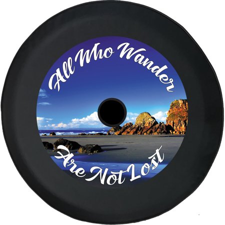 Black Tire Covers - Tire Accessories for Campers, SUVs, Trailers, Trucks, RVs and More | Beach All Who Wander are Not Lost Black 32 Inch With Backup Camera Hole