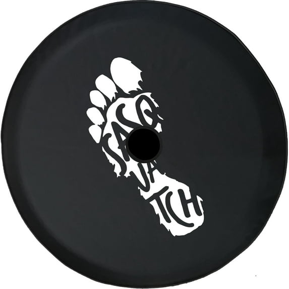 Black Tire Covers - Tire Accessories for Campers, SUVs, Trailers, Trucks, RVs and More | Big Squatch Footprint Believe Black 32 Inch With Backup Camera Hole