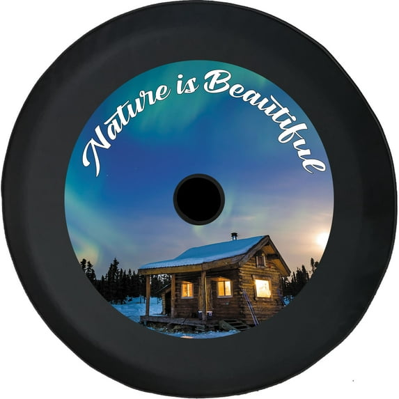 Black Tire Covers - Tire Accessories for Campers, SUVs, Trailers, Trucks, RVs and More | Cabin Nature is Beautiful Black 33 Inch with Backup Camera Hole