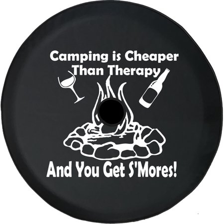 Black Tire Covers - Tire Accessories for Campers, SUVs, Trailers, Trucks, RVs and More | Camping is Cheaper Then Therapy Campfire Black 33 Inch with Backup Camera Hole
