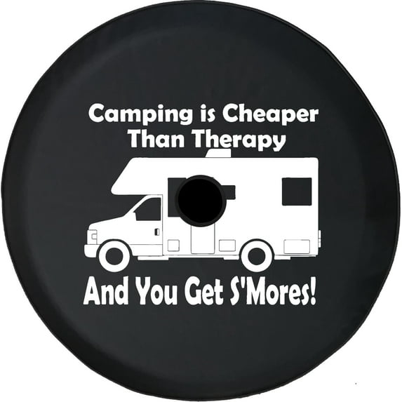 Black Tire Covers - Tire Accessories for Campers, SUVs, Trailers, Trucks, RVs and More | Camping is Cheaper Then Therapy RV Black 33 Inch with Backup Camera Hole