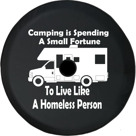 Black Tire Covers - Tire Accessories for Campers, SUVs, Trailers, Trucks, RVs and More | Camping Where You Spend Money Homeless Black 32 Inch With Backup Camera Hole