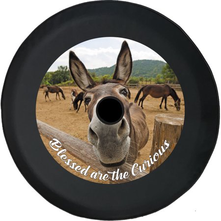 Black Tire Covers - Tire Accessories for Campers, SUVs, Trailers, Trucks, RVs and More | Donkey Blessed are The Curious Black 33 Inch with Backup Camera Hole