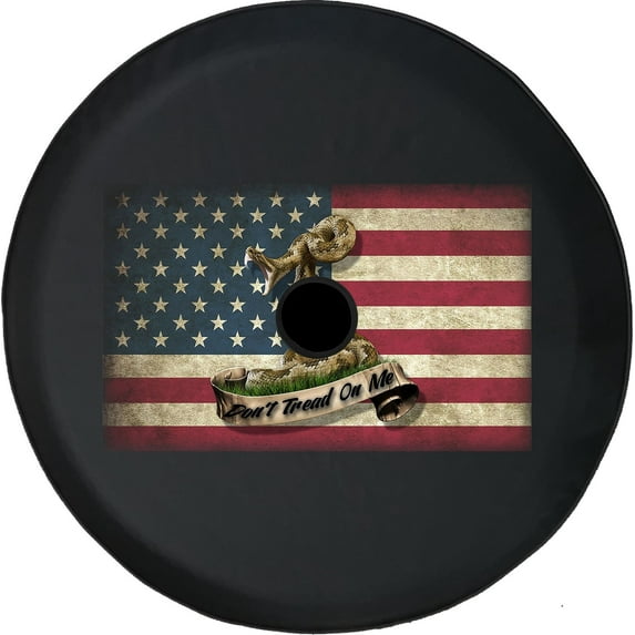 Black Tire Covers - Tire Accessories for Campers, SUVs, Trailers, Trucks, RVs and More | Dont Tread Patriotic Snake Flag Black 32 Inch With Backup Camera Hole